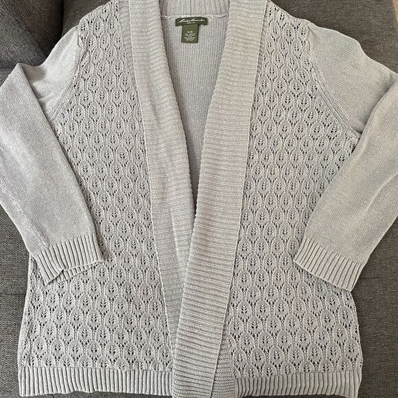 Eddie Bauer Open Front Knit Cardigan Sweater Linen Cotton Blend Gray X-Large XL - Picture 7 of 10